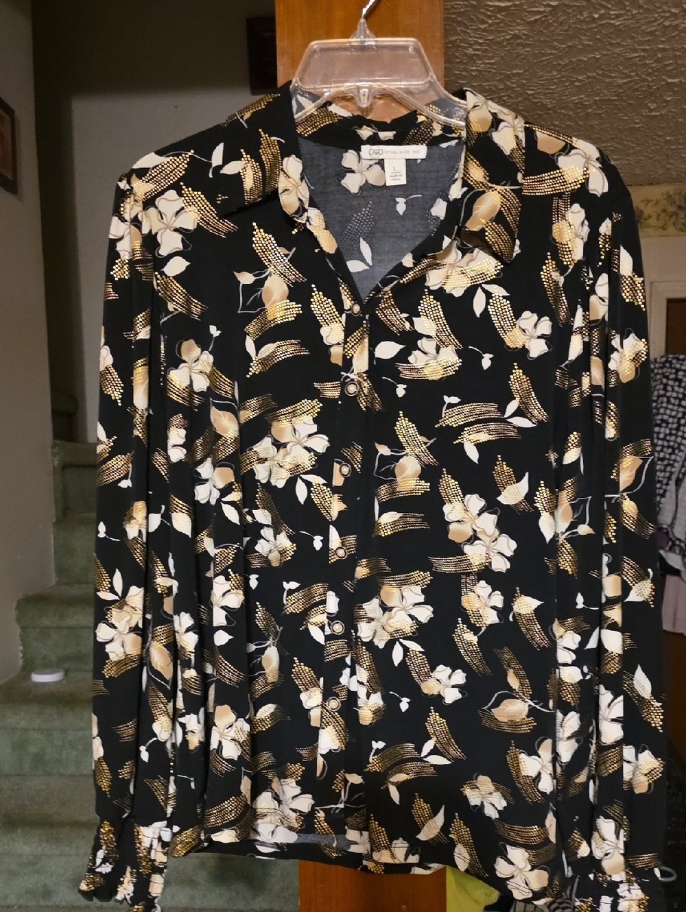 Cato Black Floral Button-Up Blouse with Gold Dot Accents